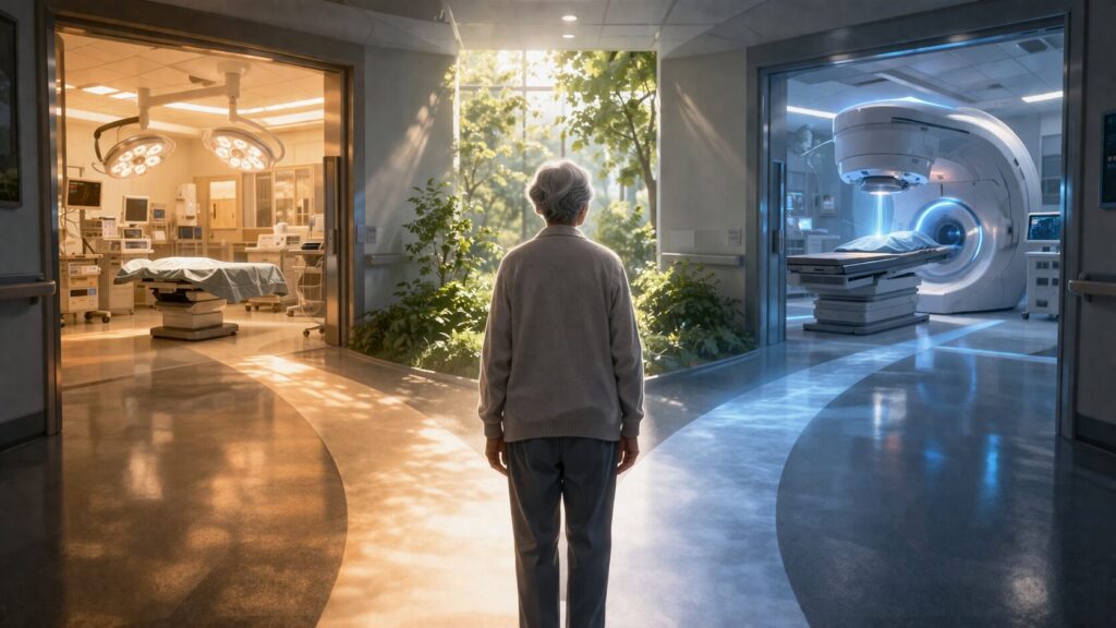 病院の廊下で分岐する道