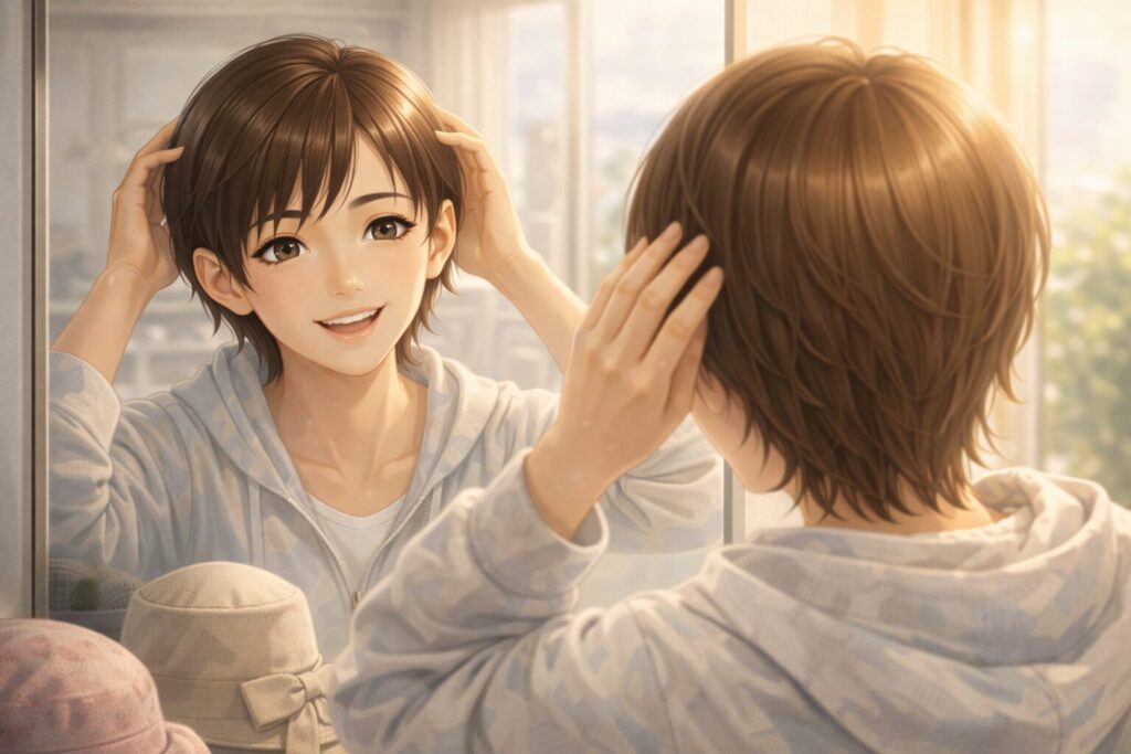 ウィッグを試す笑顔の女性