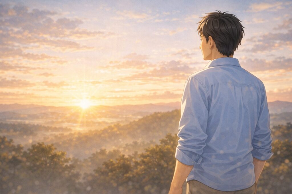 朝日を見つめる男