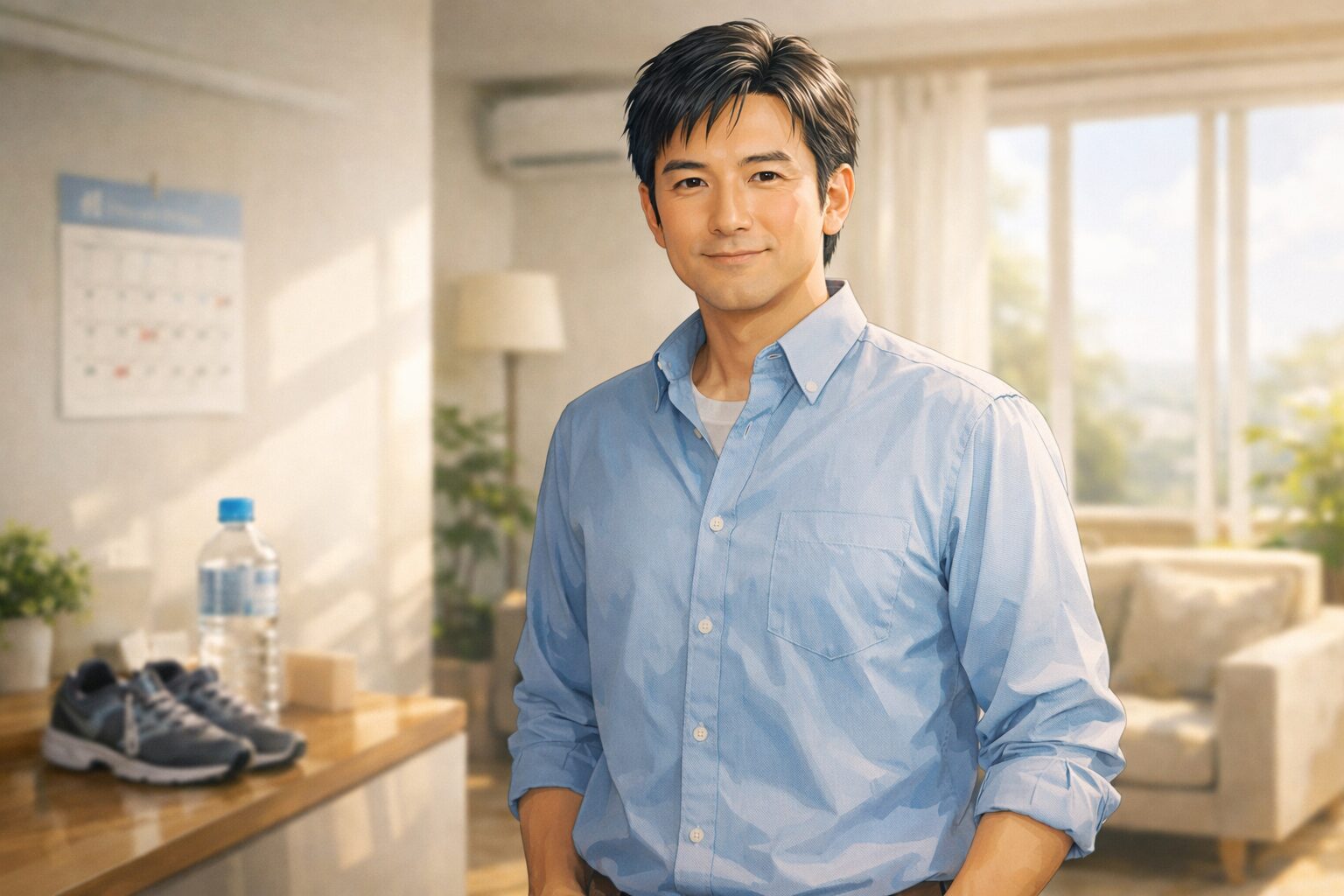 リラックスした男性と明るいリビング