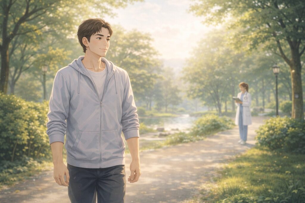 夕暮れの公園を歩く男