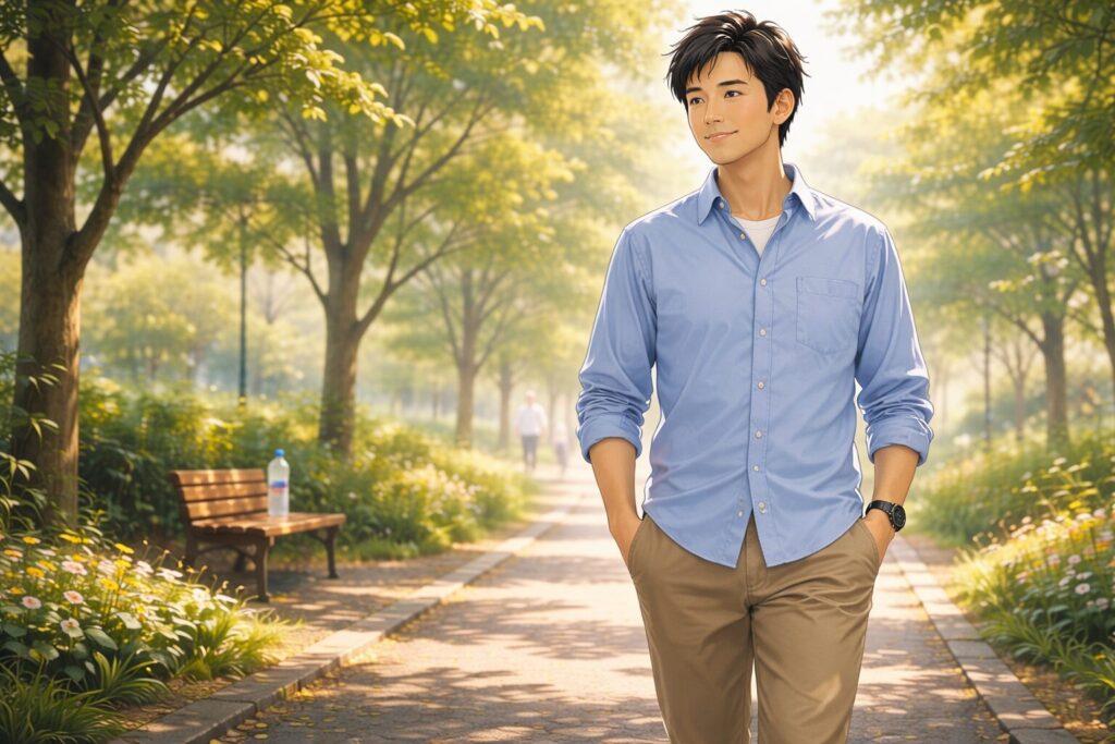 公園を歩く穏やかな男性