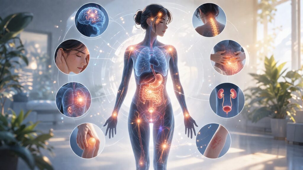 女性の人体解剖図と痛みの輝き