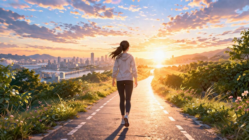 朝日を浴びた静かな道