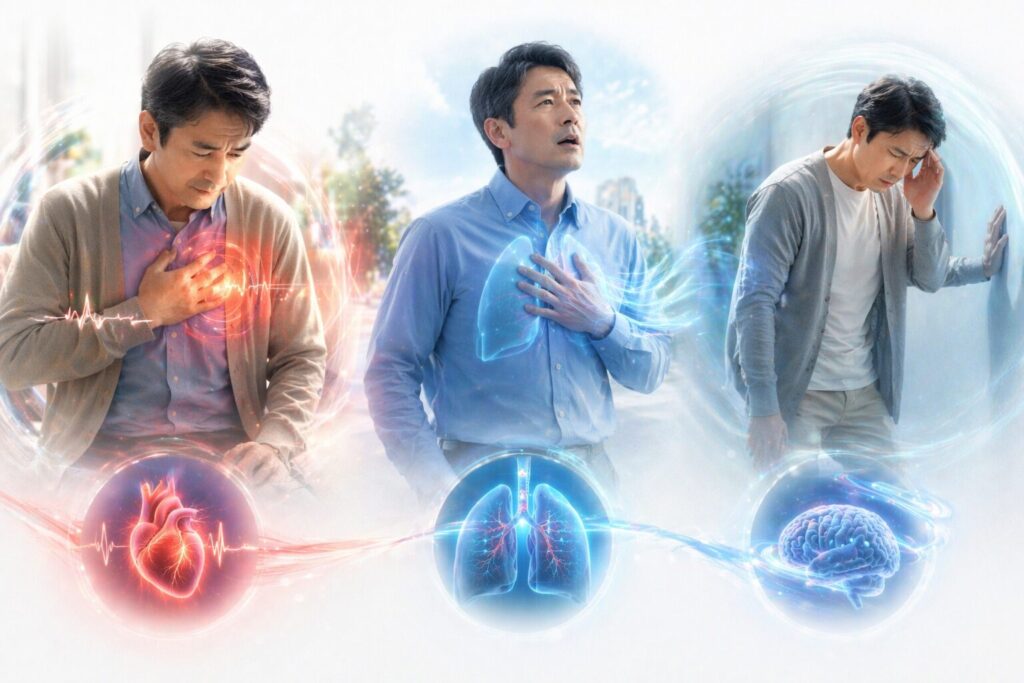 心臓の不調、呼吸困難、めまい