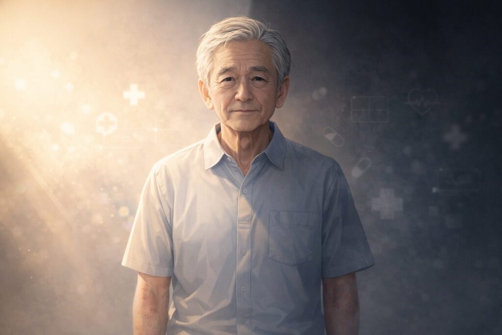 静かな老年の男性と対照的な背景