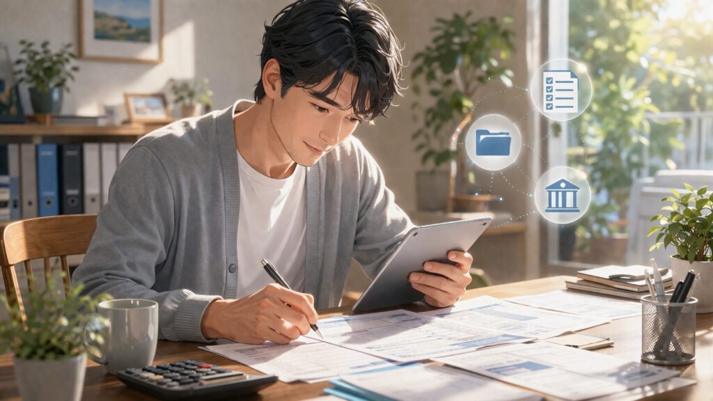 明るいオフィスで集中する男性