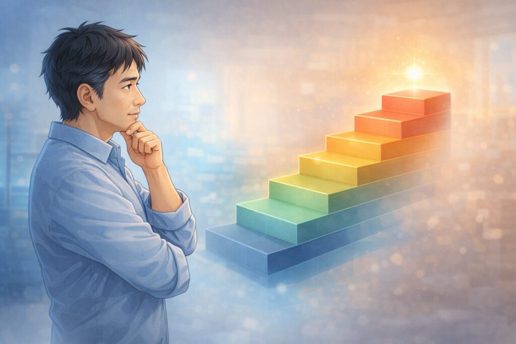 思索する男と上昇するステージ