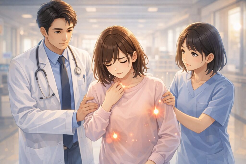 医療スタッフに支えられる若い女性