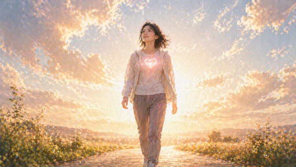 朝日の中で進む道