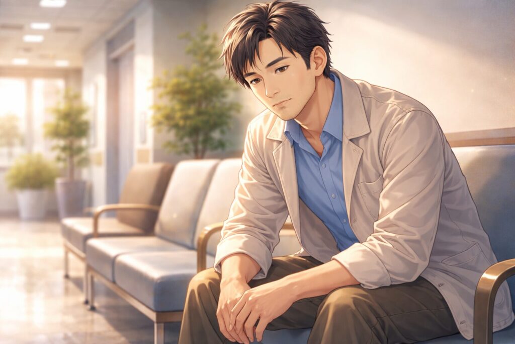 病院の待機室の中の男性