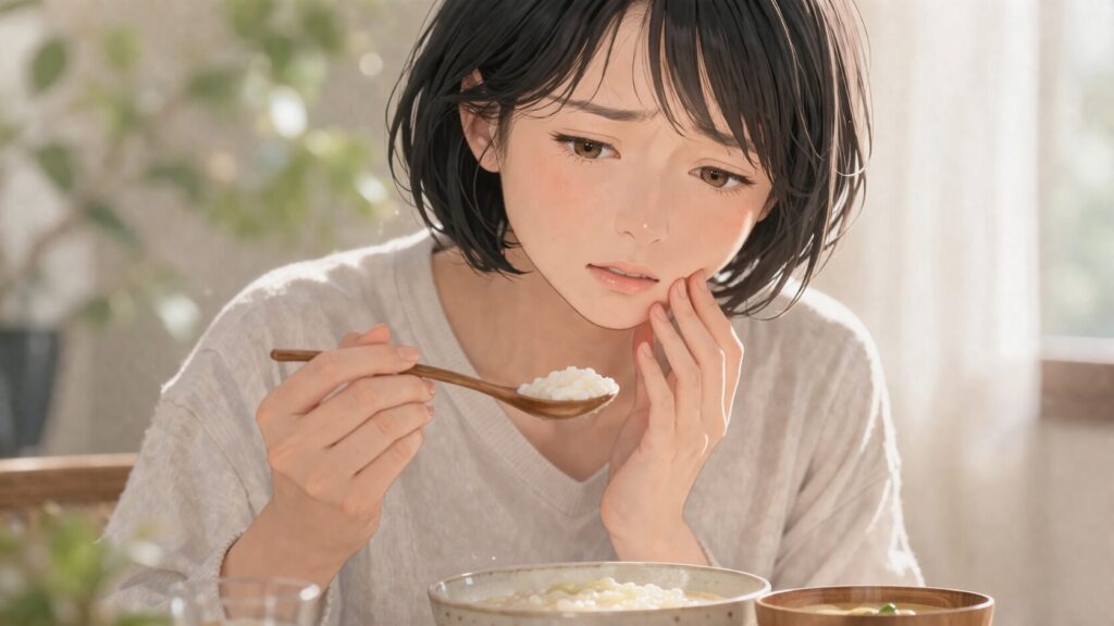 朝食の前、痛みを感じる女性