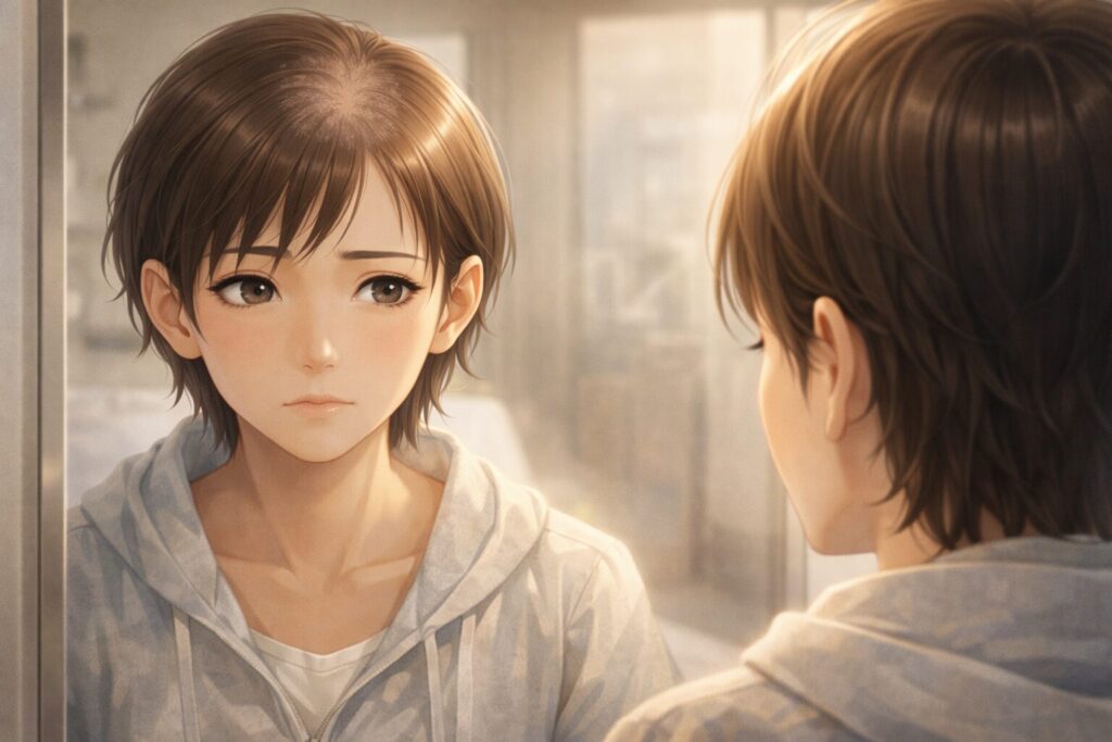 鏡を見る女性の真剣な表情