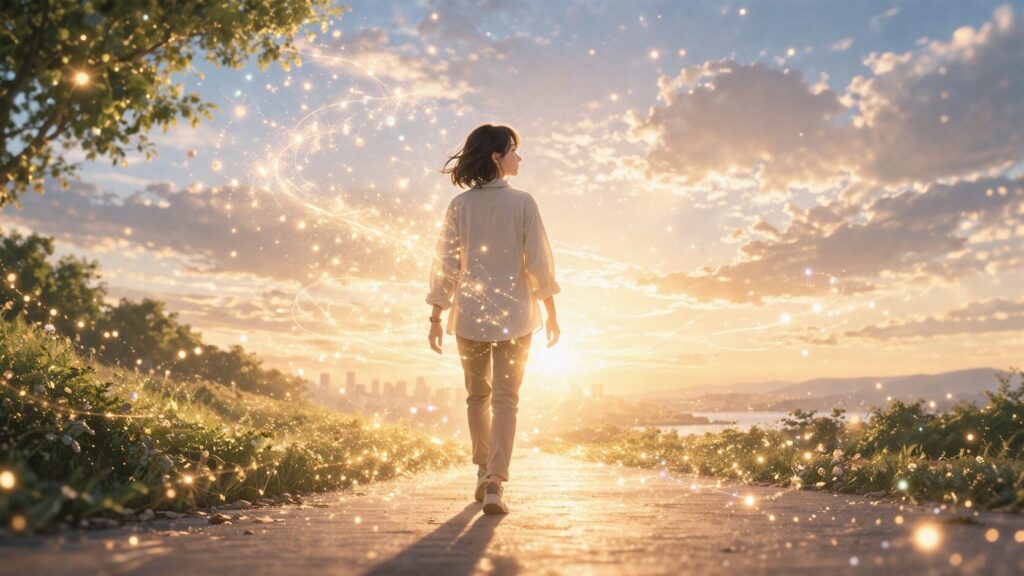 輝く道を歩む春の光