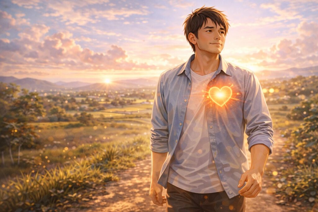 夕暮れの中の穏やかな歩み