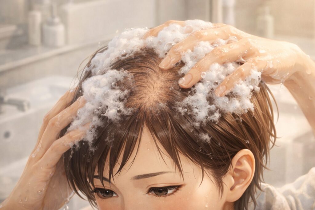 シャンプーを泡立てる手