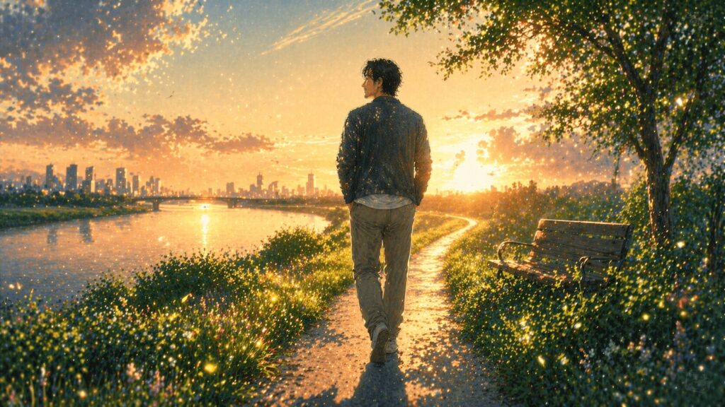 夕日の道を歩く一人旅人