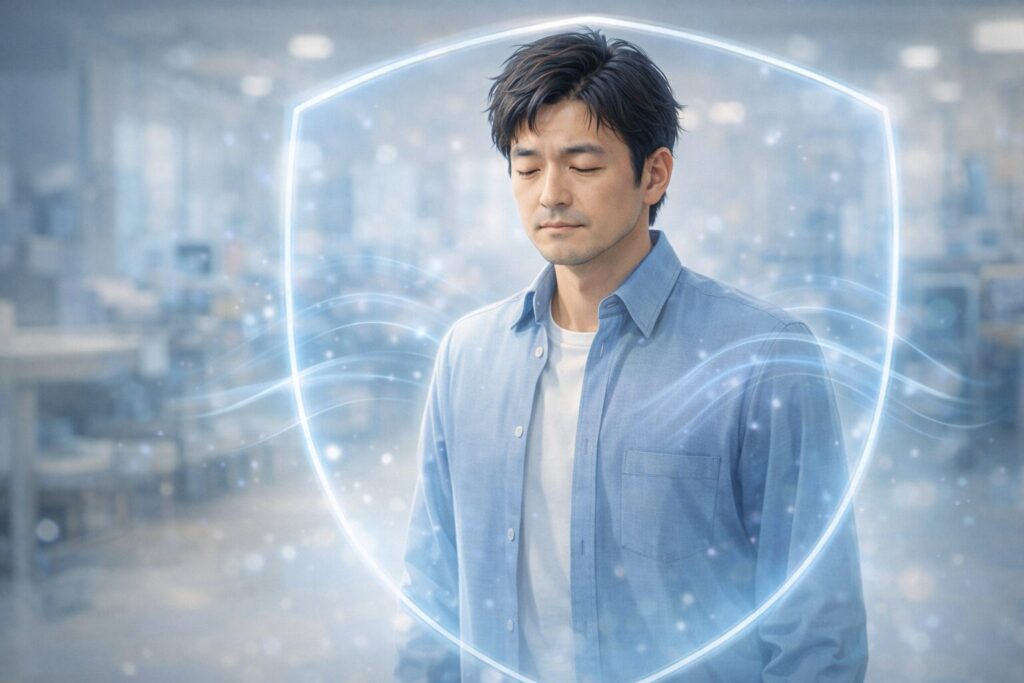 穏やかな表情の防護シールド