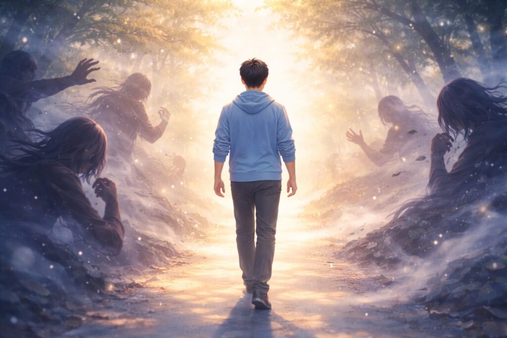 光の先へ進む若者