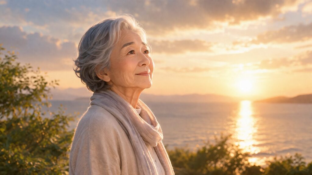 静かな夕日の海辺で