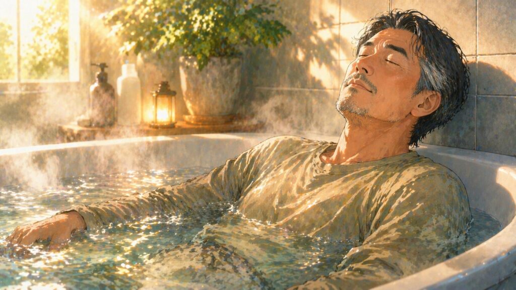 湯気の中でくつろぐ男性