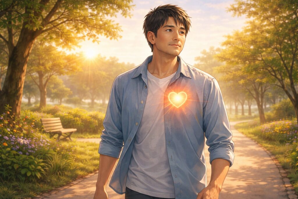 朝の公園を歩く男性