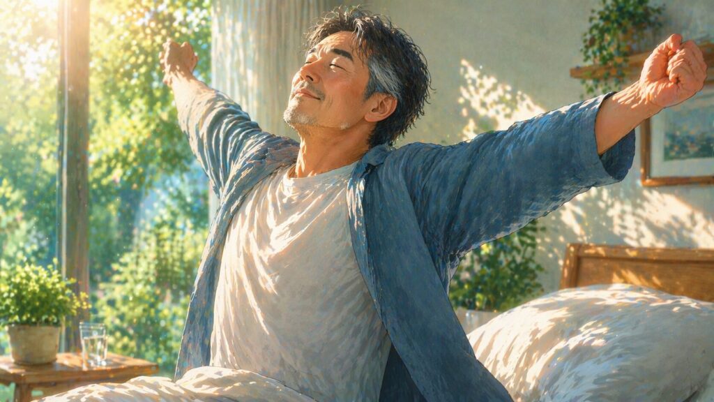 朝の光を浴びてのびをする男性