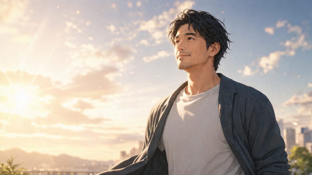 朝日の光に包まれて