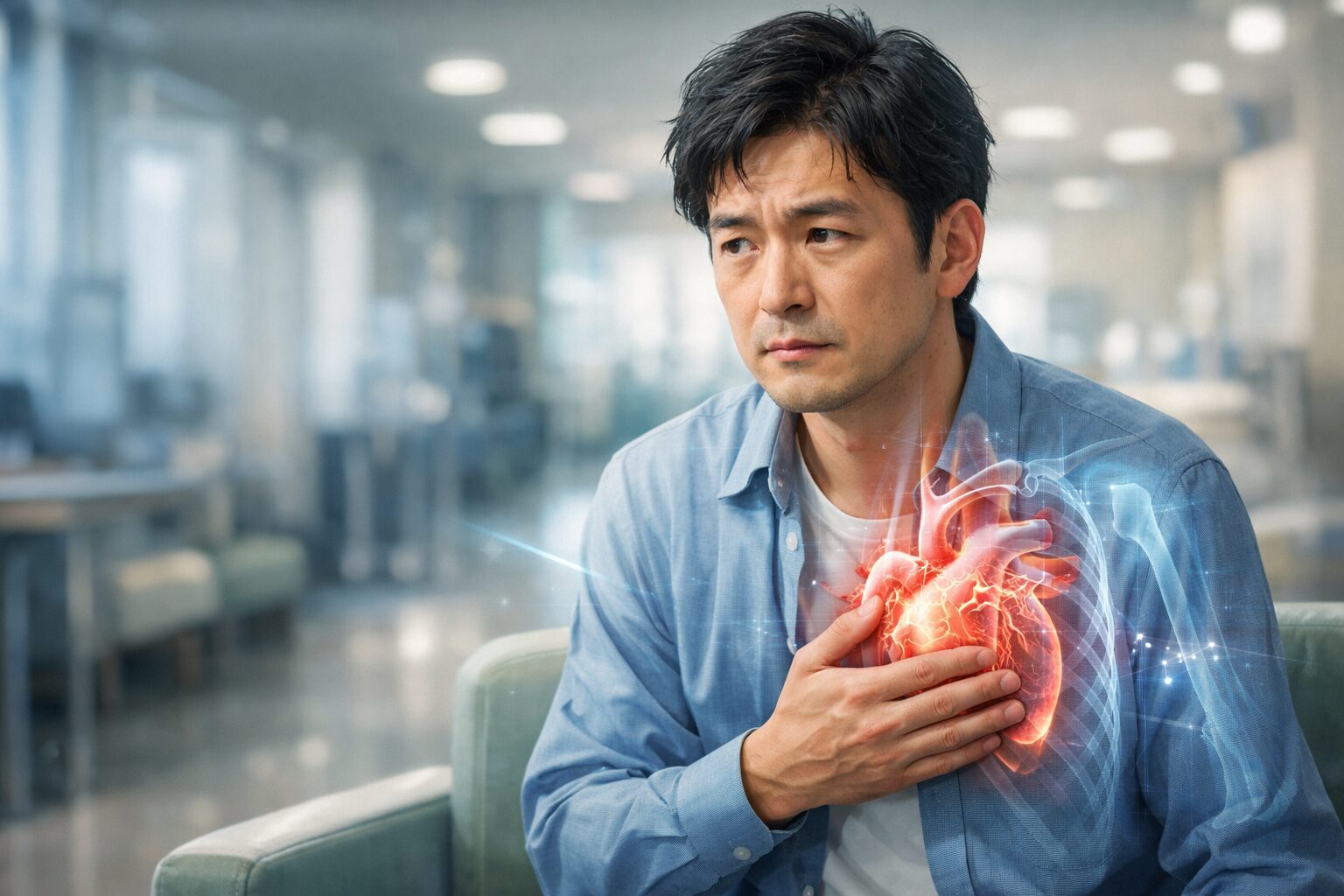 病院の待機室で心配する男性