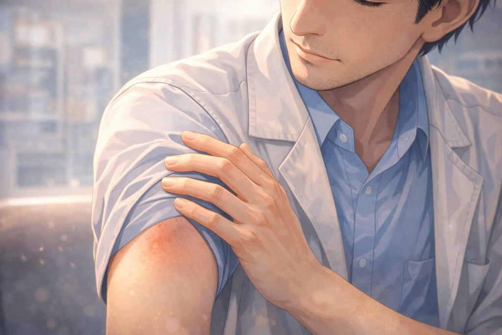 腕の赤みを見つめる医師