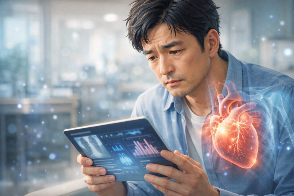 医療情報を見つめる男性