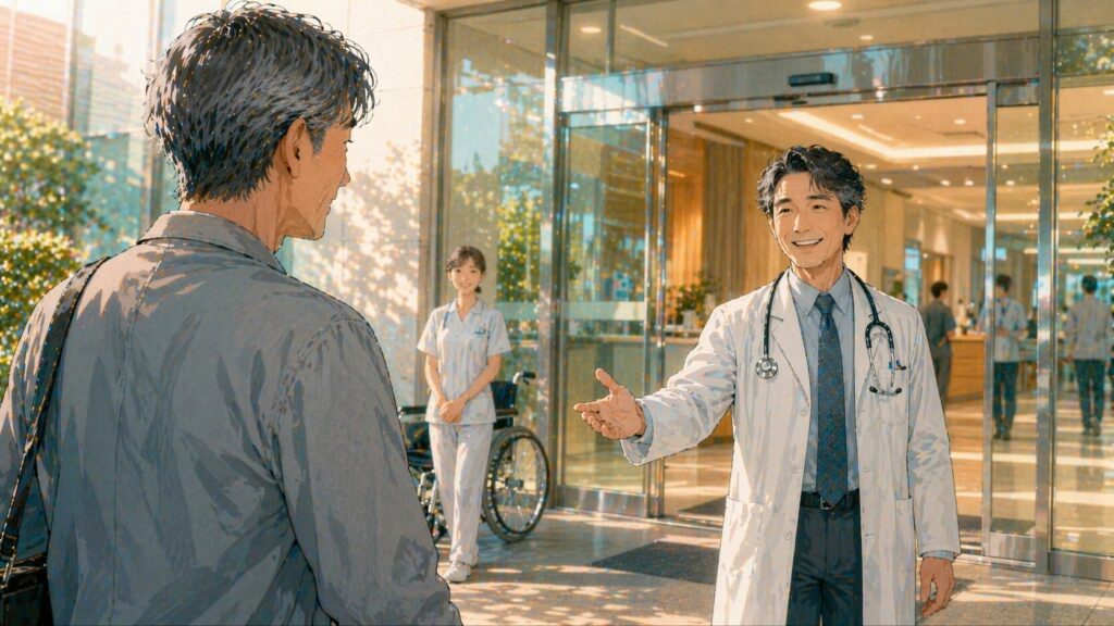 病院の玄関で温かな歓迎