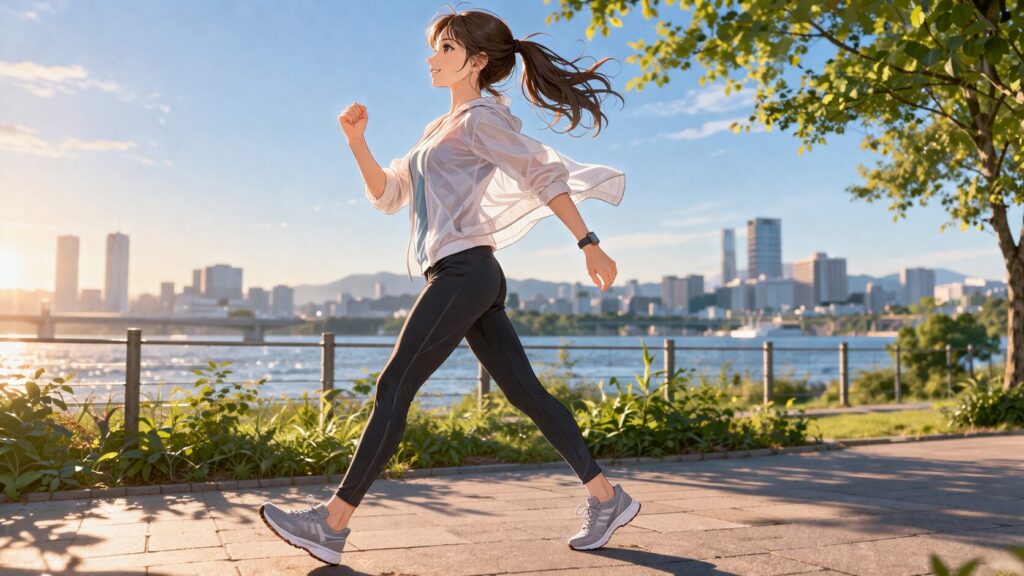 ウォーターフロントでの力強いウォーキング