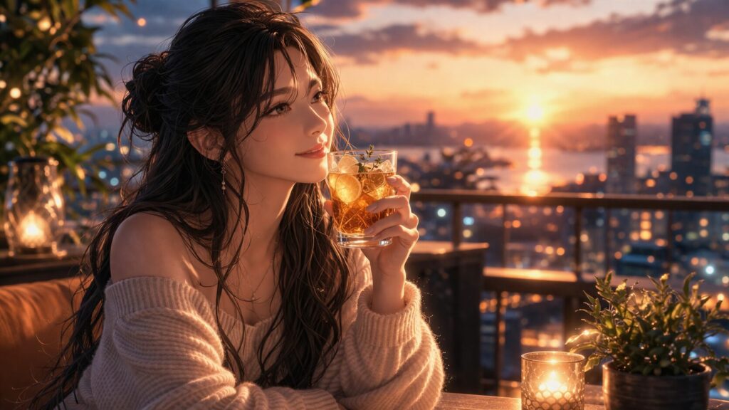 夕暮れ時のテラスでくつろぐ女性