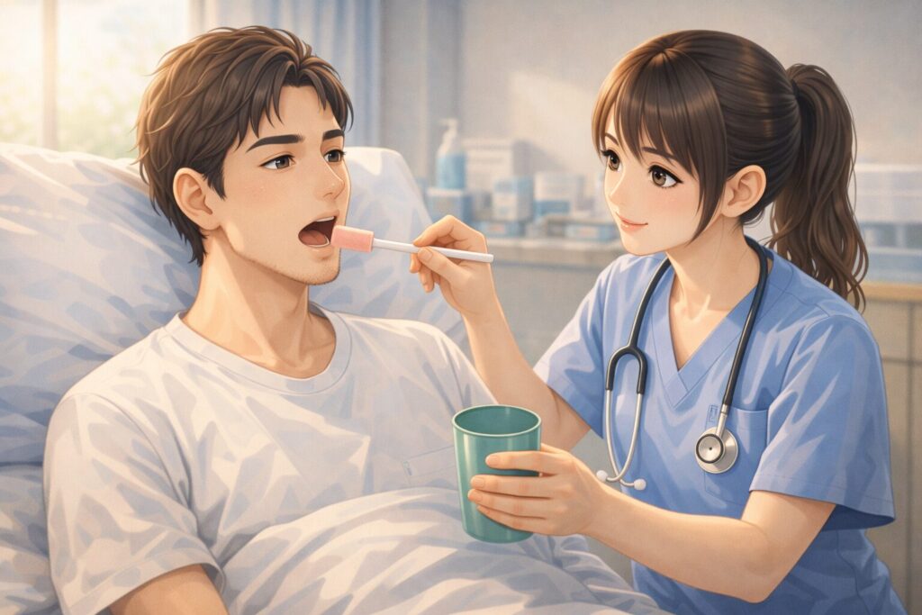口腔ケアを受ける患者と看護師