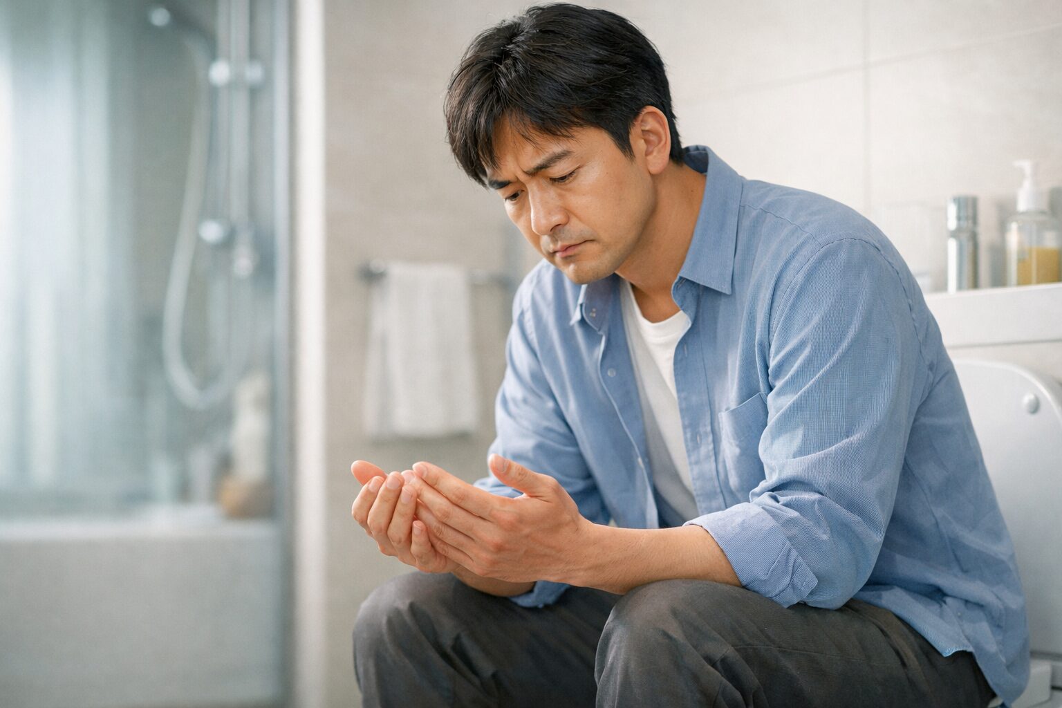 心配そうに手を見つめる男性