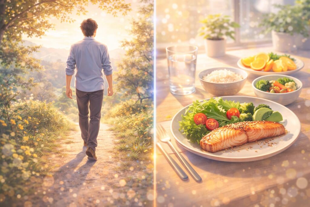 夕暮れの散歩と健康的な食事