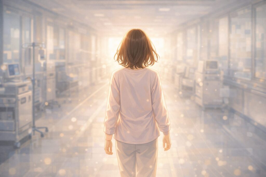 病院の廊下を歩く女性