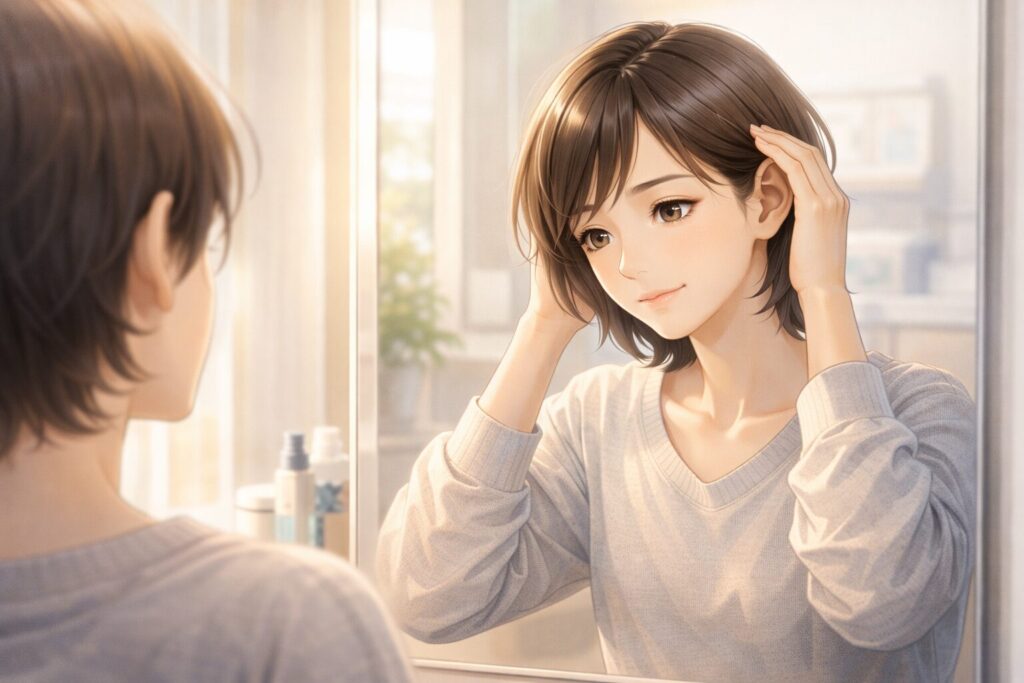 ウィッグを試す女性