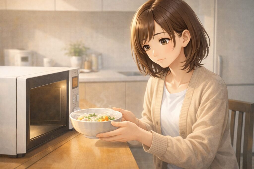 電子レンジで料理を温める女性
