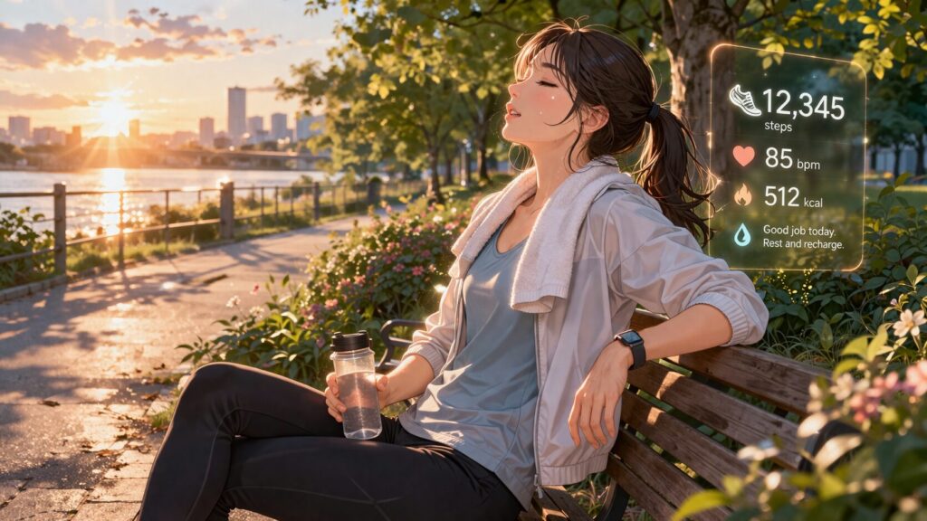 夕日の川辺でリラックスする女性