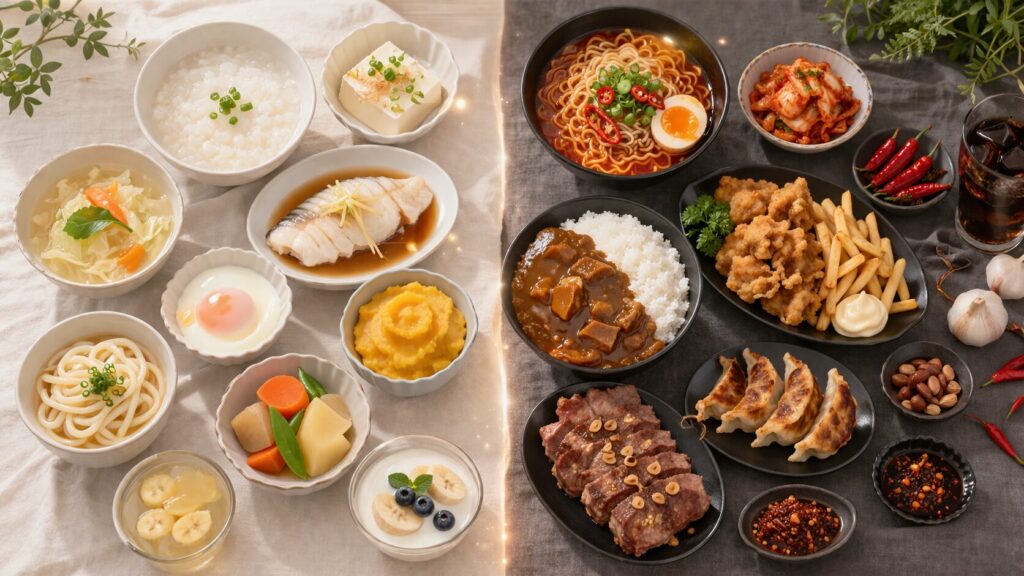 優しい料理と辛い料理の対比