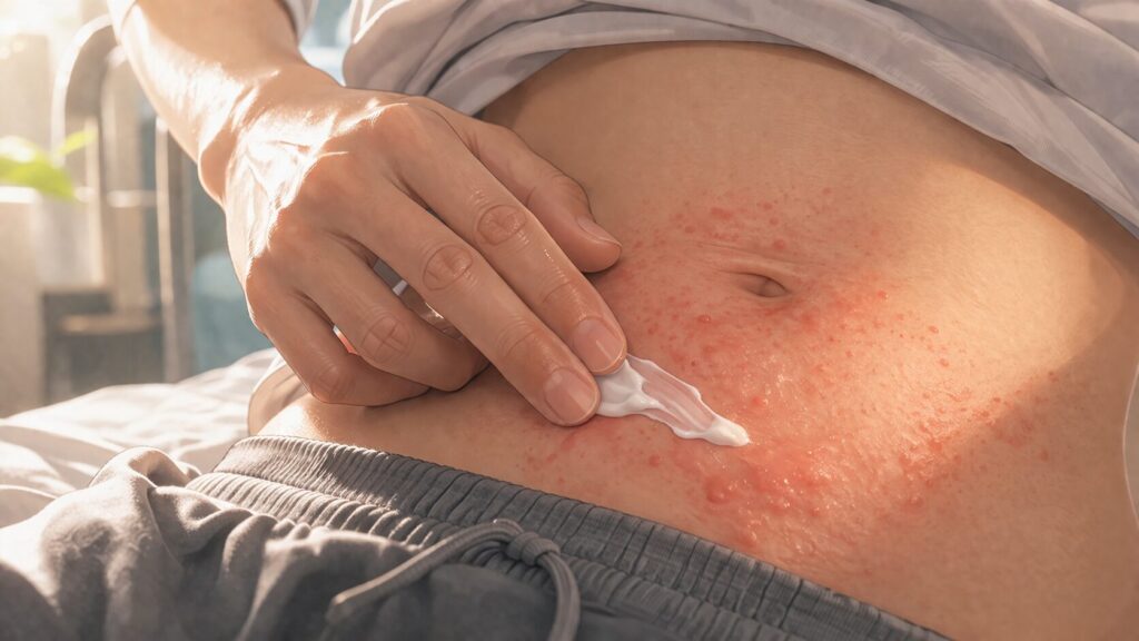 腹部に塗り薬を塗る瞬間