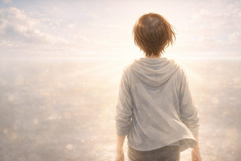 明るい光の中を歩く人