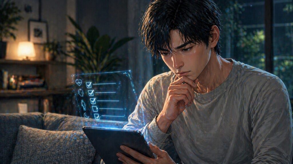 夜のリビングでの瞑想的な瞬間