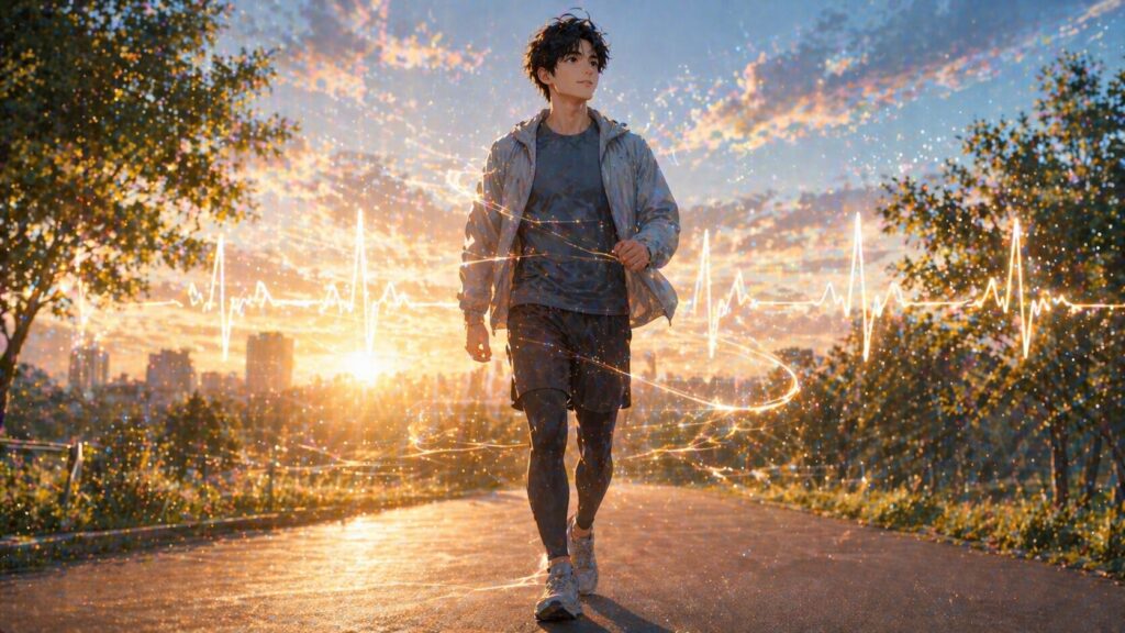 朝日とともに歩く青年