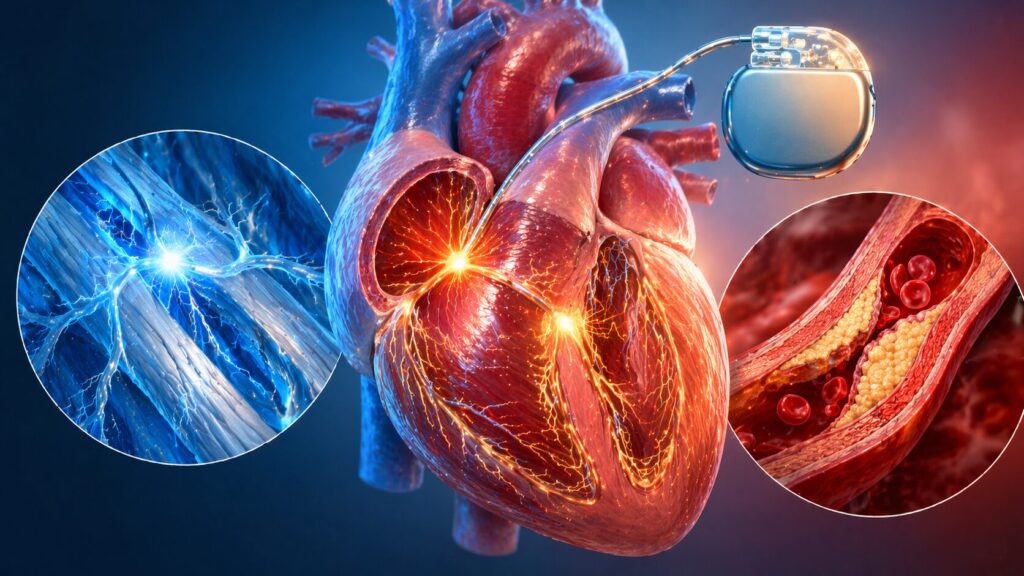 ペースメーカーと動脈閉塞の解説図