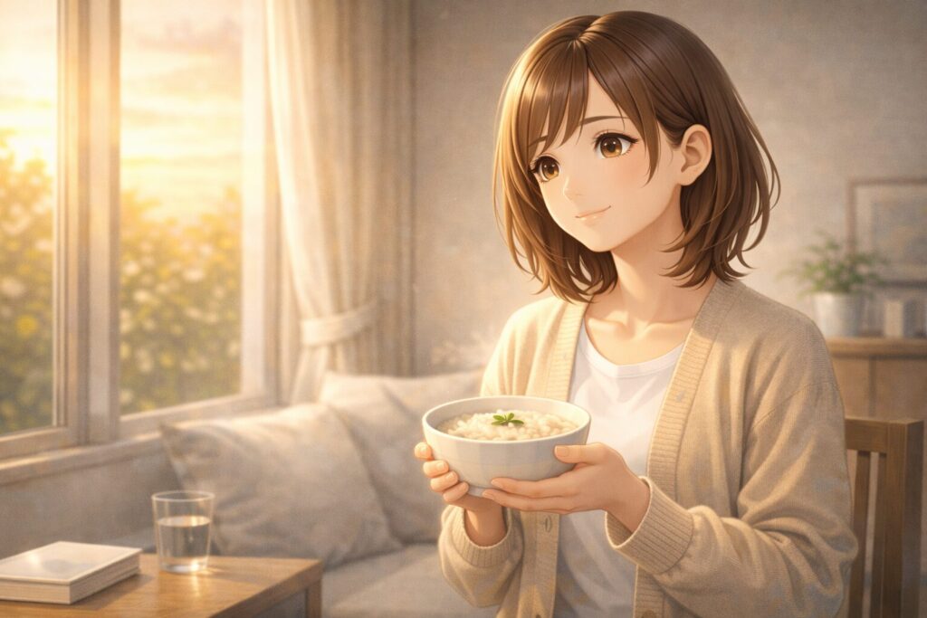朝の光と温かいお粥