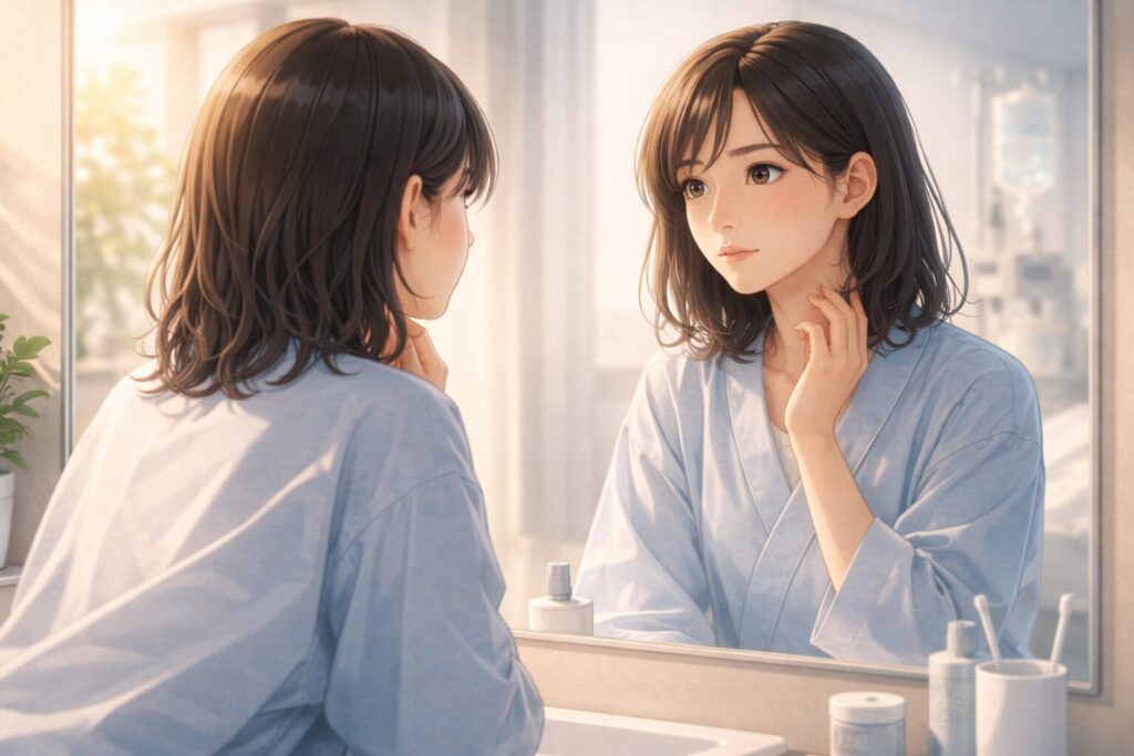 鏡の前で自分を見つめる女性