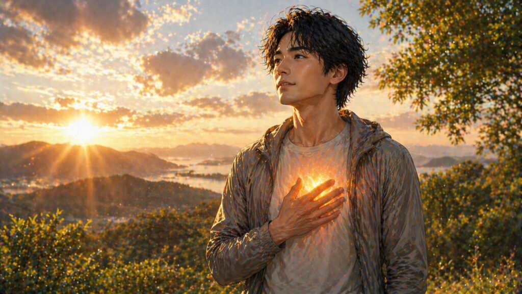 輝く心と夕日の風景